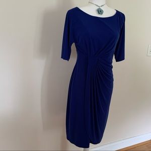 Vibrant Blue Dress faux wrap cascade front size 6